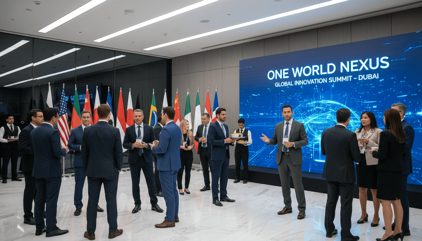Diverse professionals networking at an international conference organized by One World Nexus.