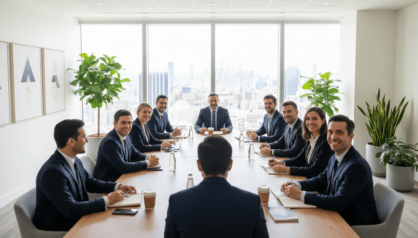 Diverse professionals networking and collaborating around conference table in bright, modern business meeting room with natural daylight